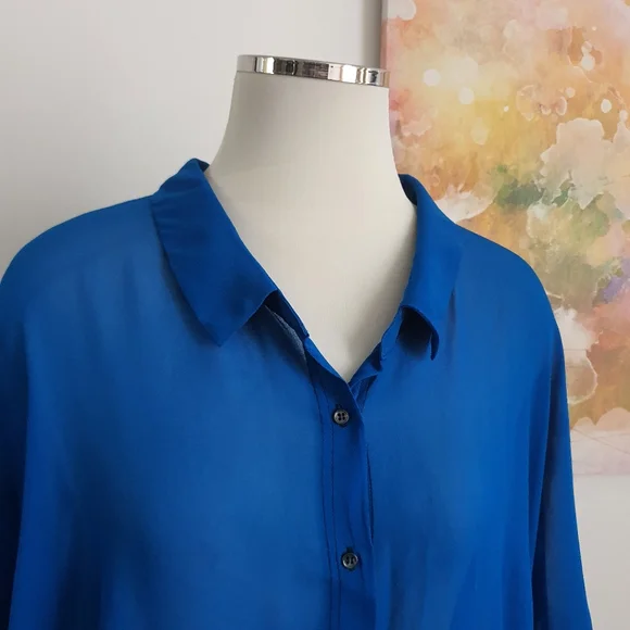 Verge NZ Short Sleeve Sheer Blue Button Down Long Blouse Size XXL - Picture 5 of 12